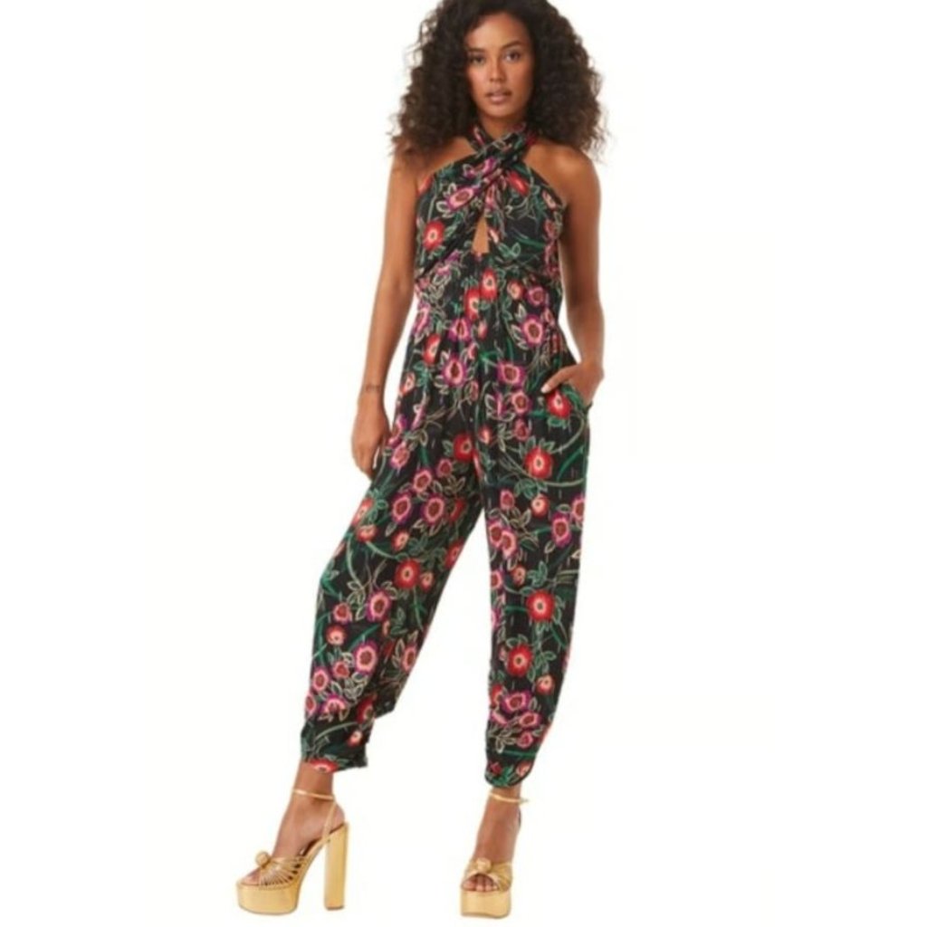 New Misa Halter Koral Floral Black Jumpsuit Romper Sleeveless Size S $470 [Jb]